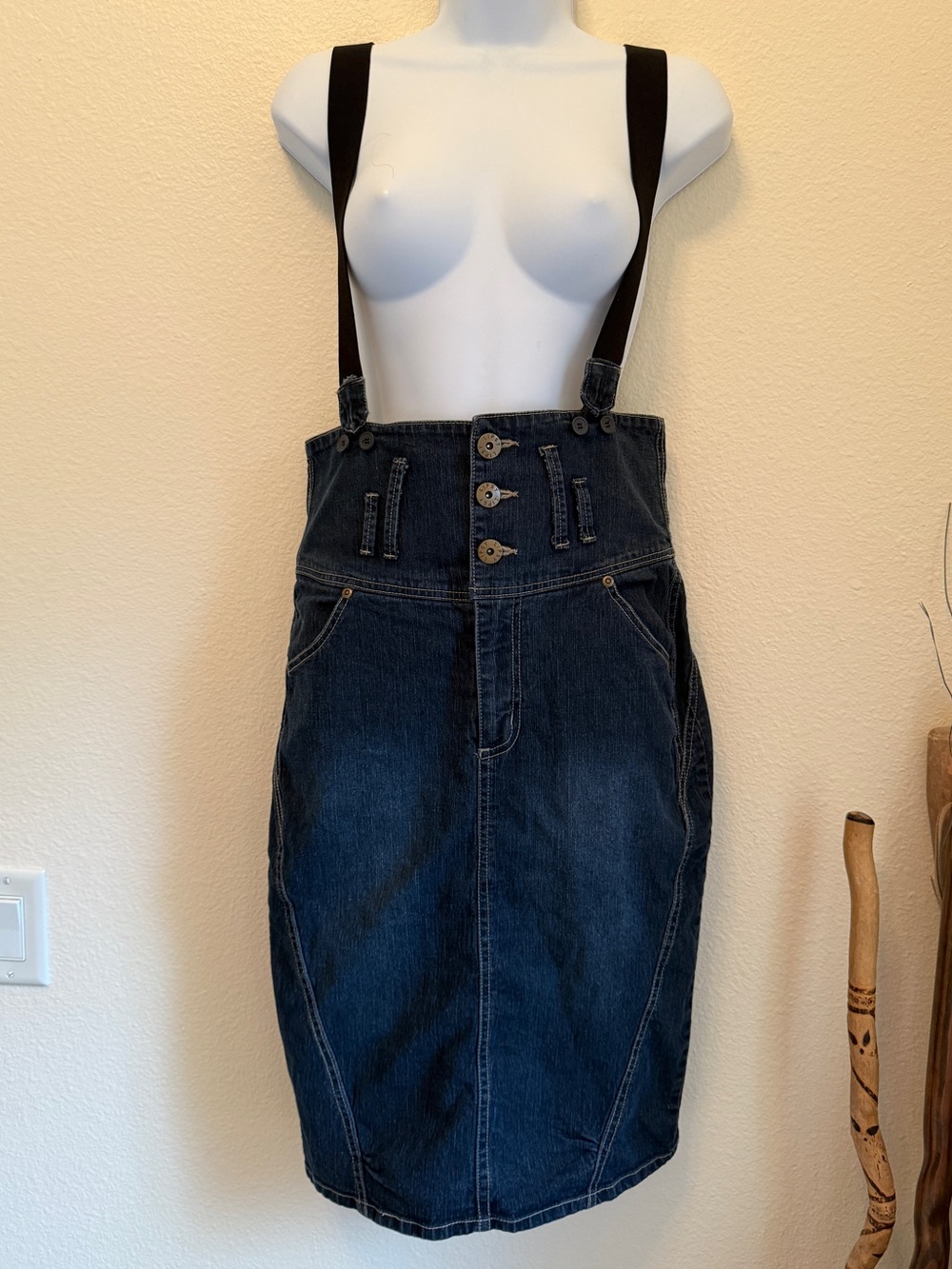 Lipsy Denim Pinafore Overall Dress Skirt Dark Wash Y2K Size 7/8 vintage